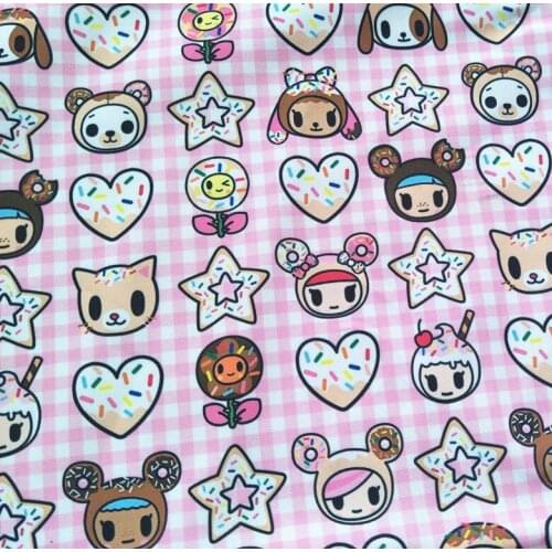 148cm Width Cartoon Cat Pink Donuts Printed Canvas Fabric For Cushion Cover/Diy Handbag/Slipcover/Curtain DIY Sewing