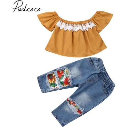2019 Baby Summer Clothing 1-5Y Toddler Kids Baby Girls Clothes Sets Off Shoulder Tops Floral Ripped Pants Jeans Outfits Clothes