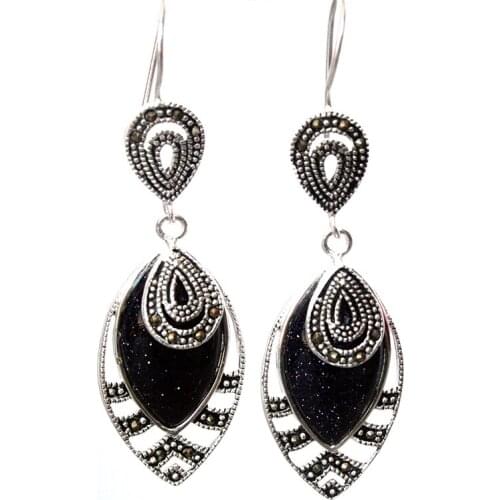 21/5" Vintage New 925 Silver blue sand jade Marcasite Hook Earrings REAL Natural