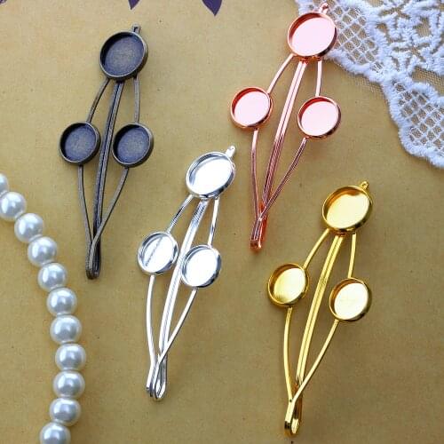 5pcs Fit 12mm+10mm Cabochon Base Hairpin Settings Silver Rose Gold Color Plated Round Cameo Clips Blank Tray Tree