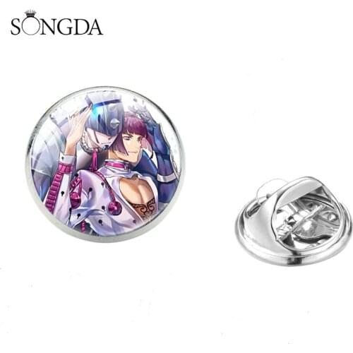 Anime JoJos Bizarre Adventure Brooch Pins Kujo Jotaro Kira Yoshikage Cosplay Badges Glass Cabochon Stainless Steel Pins