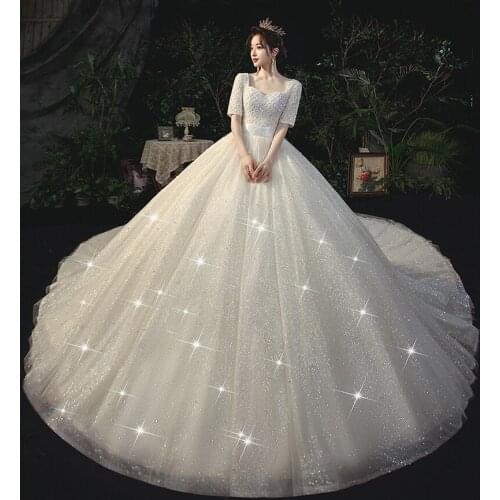 Glitter Full Pearls Sequins Bust Luxury New Wedding Dresses For Women Puffy Skirt Royal Train Bride Wedding Gown Plus Sizes 2021