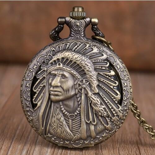 Retro Bronze Indian Old Man Pattern Quartz Pocket Watch Pendant Necklace Analog Fob Watch Men Women Gifts