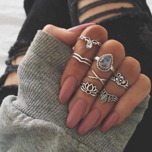 European And American Aliexpress Fashion Personality Retro Hollow Carved Crystal Ring Jewelry Lotus-shaped 7-piece Combination