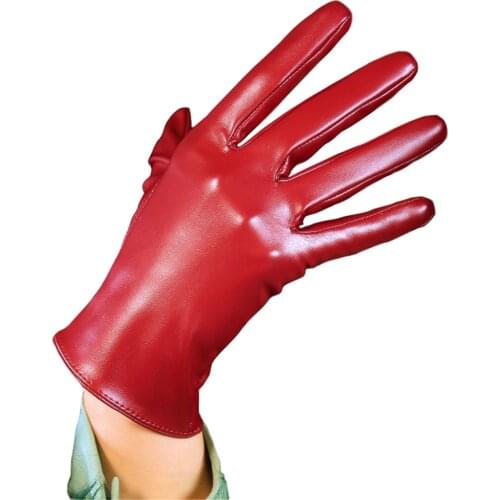 Short Leather Gloves 21cm Wrist Simulation Leather Imitation Leather Imitation Sheepskin PU Deep Wine Red Crimson PUSH21
