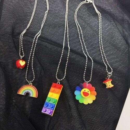 Kpop Cute Colorful Rainbow Pendant Stainless Steel Necklace Long Chain Sweetheart For Women Man Girl Egirl Aesthetic Jewelry