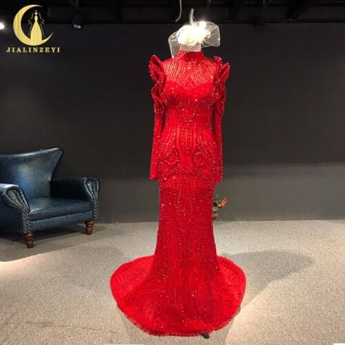 Rhine real Pictures Red Long Sleeves Luxurious Beads Crystal Mermaid вечернее платье 2021 vestidos de noite evening dresses