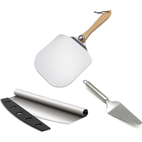 Pizza Peel, Pizza Cutter and Slicer, Pizza Paddle with Foldable Wooden Handle, for Homemade Baking Pizza, Cake, Dough