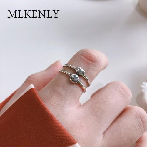 MLKENLY Fine Jewelry 925 Sterling Silver Open Ring Extremely simple hipster net red double-layer love smile ring for women party