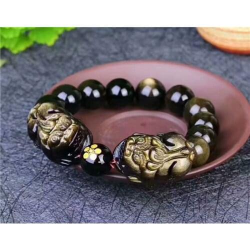 Fashion Natural Gold Obsidian PiXiu Dragon Beads Powerful Bracelet 12mm AAAA