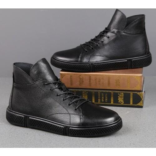 2019 Winter and Autumn Solid Color High Mens Casual Boots with Genuine Leather Outdoor Mens Boots Plus Velvet Warm Non-slip