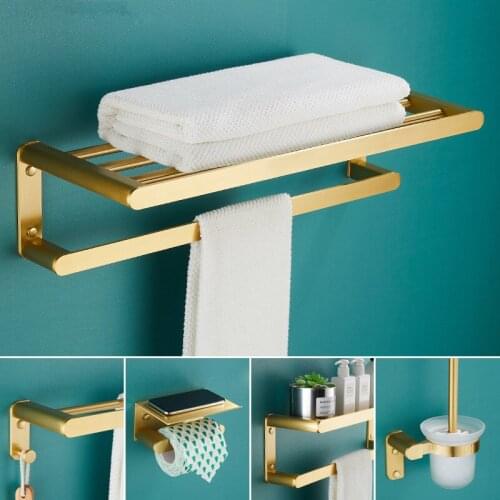 Bath Hardware Set Brushed Gold Aluminum Luxury Towel Rack Towel Bar Corner Shelf Toilet Brush Holder Paper Holder Nail Punched
