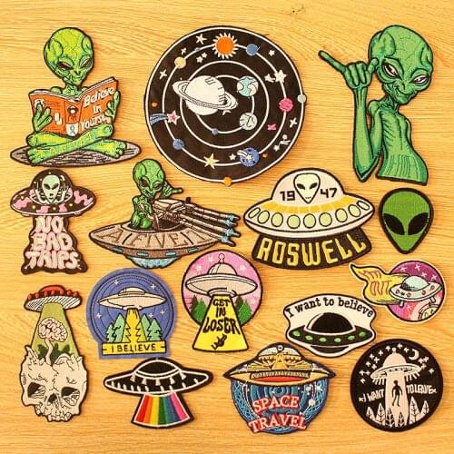 Alien Space Patches For Clothing UFO Iron On Patches On Clothes Cartoon Applique Accessories DIY Embroidered Patches Stripe