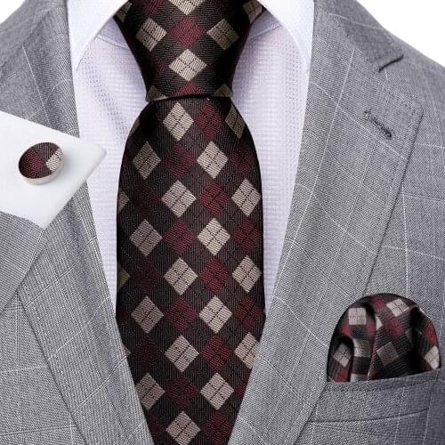 New Fashion Red Plaid Men Wedding Tie Set Silk Retro Neckties Wedding Business Handkerchief Cufflink Tie Set Barry.Wang FA-5298