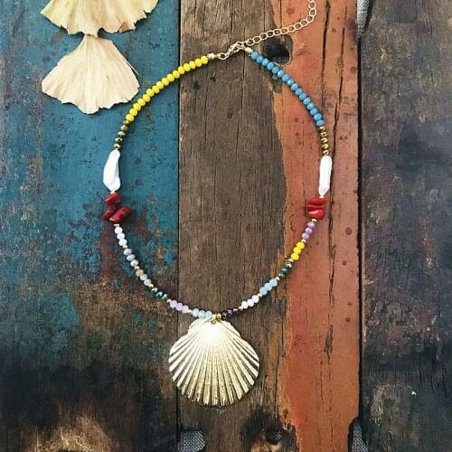Baroque pearl necklace charm jewelry 2020 new fashion big shell necklace women color crystal stitching short necklace bohemia