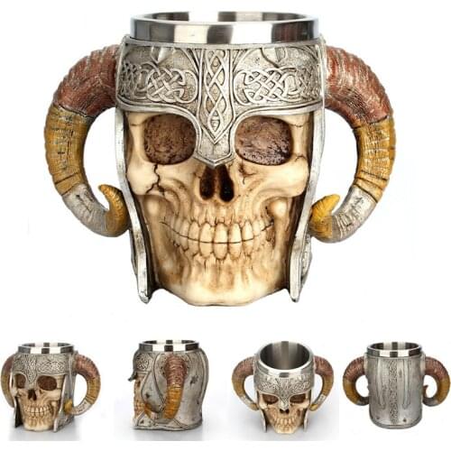 Hot Retro Horn Skull Resin Beer Mug Stainless Steel Skull Knight Halloween Coffee Cup Tea Mug Pub Bar Decoration