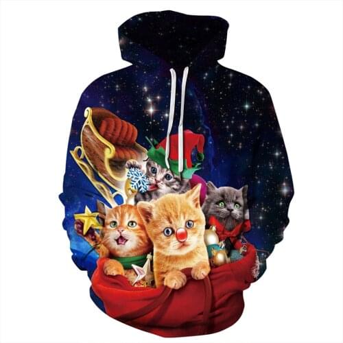 QNPQYX Christmas Cat 3D Printed Pullover Sweatshirt men hoodies Long Sleeve Round Neck Costume Couple Tracksuit Streetwear