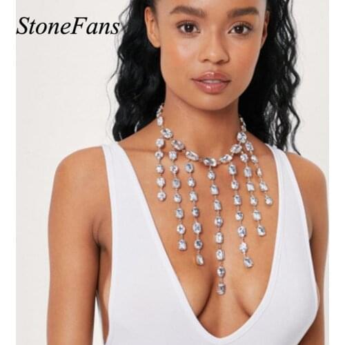 Stonefans Luxury Long Tassel Big Gem Crystal Choker Necklace for Women Distinctive Rhinestone Collar Necklace Party Jewelry Gift