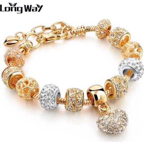 LongWay Luxury Crystal Heart Charm Bracelets & Bangles Gold Color Bracelets For Women Femme Jewellery Pulseras Mujer Sbr160056