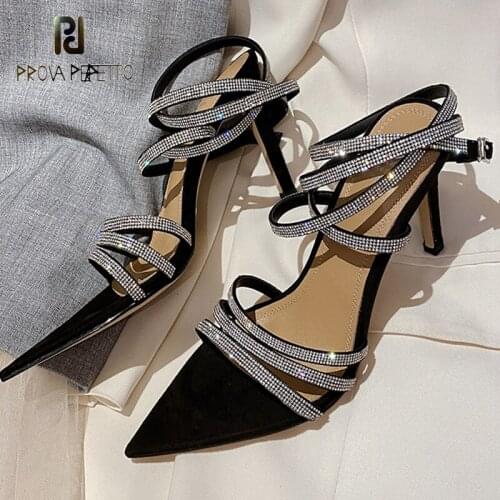 High-grade elegant black crystal strap pointed toe open-toed stiletto strap summer fashion sexy high-heeled sandals women