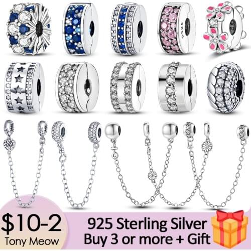 Silver Clasp 925 Sterling Silver CZ Safety Chain Clip Charm Daisy Beads Stopper fit Original Pandora Bracelet 925 Silver Jewelry