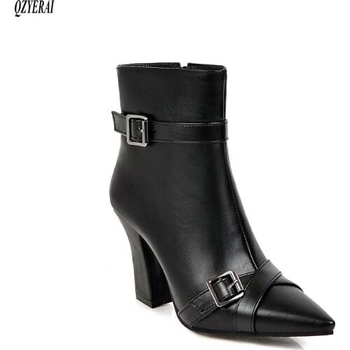 Tobillo botas mujer Pu cuero tacones altos botas occidental punta puntiaguda cremallera moda invierno mujer botas Zapatos mujer