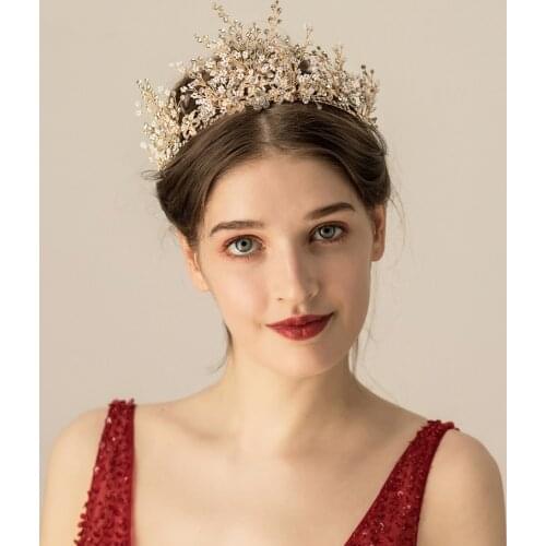 Handmade Gorgeous Gold Wedding Headband Tiaras Pearls Bridal Headpiece Brides Hair Accessories Evening Hair Jewelry