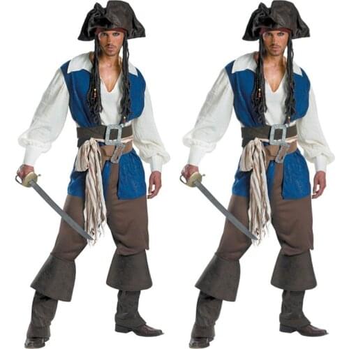 Adult Caribbean Pirate Costume Halloween Cosplay Male Pirate Buccaneer Captain Fancy Dress Outfit