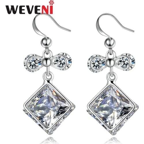 WEVENI Silverstone Bowknot Square Cubic Zircon Earrings Dangle Drop Zirconia Charms For Women Girl Birthday Gift Fashion Jewelry