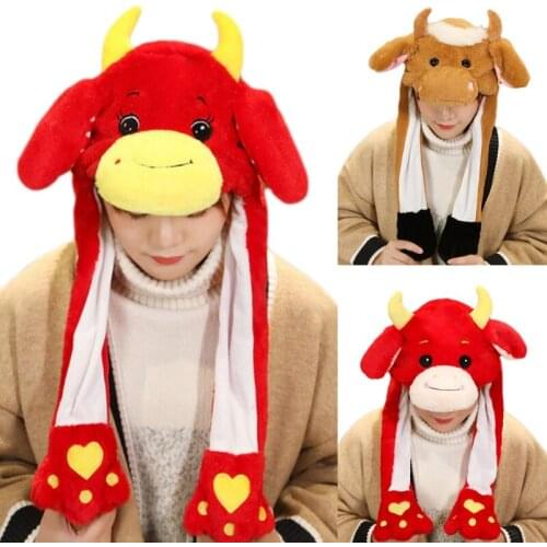 Funny Ox Animal Plush Hat with Moving Jumping Ears New Year Cartoon Stuffed Toy Lovely Cow Cattle Earflap Cap Party Prop