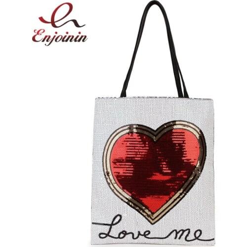 New Arrival White & Black Big Red Heart Sequins Letters Fashion Women Shoulder Bag Tote Casual Purses and Handbags Girls Pouch