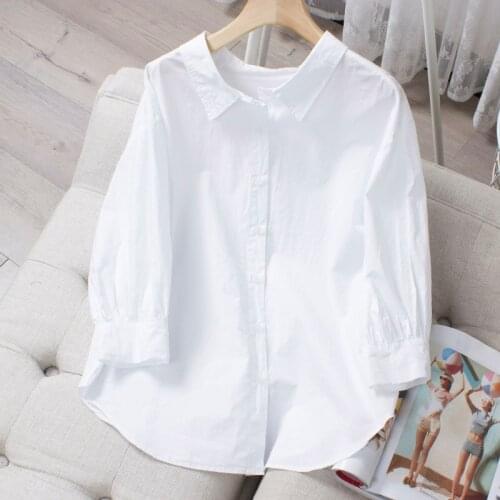 100% Cotton Women White Shirts Summer New 2021 Turn-Down Collar Loose Half Sleeved Elegant Office Lady Outwear Tops