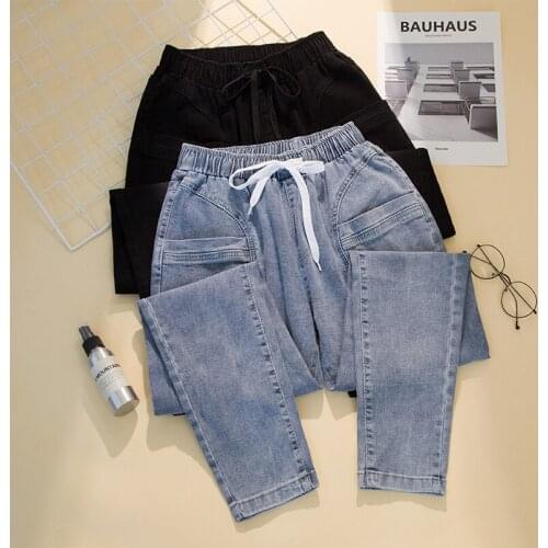 Elastic Waist Black Blue Plus Large Size Oversize Korean Vintage Clothes WomenS High Waist Trousers Fashion Jeans Pants 2021