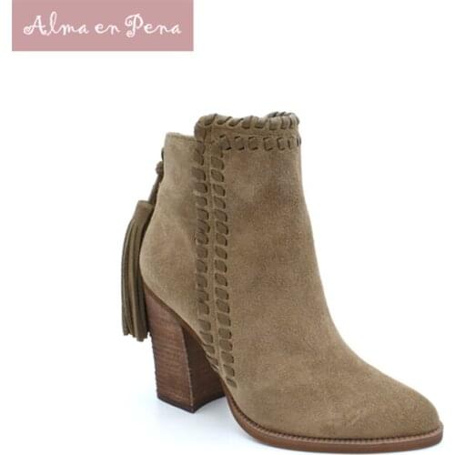 European Style Botines Mujer Short Boots Winter High Thick Heel Ankle Fringe Tassel For Ladies Vintage Cow Suede Frosted Shoes