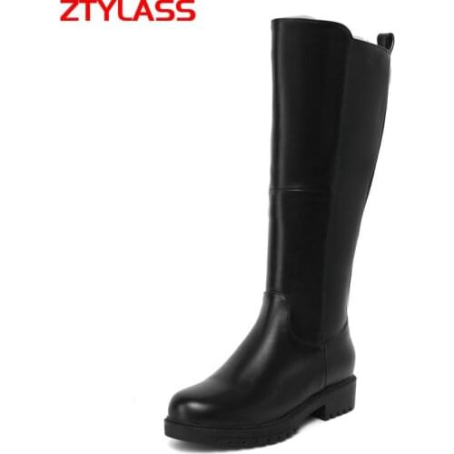 2021 Black Flat With Knee High Boots Autumn Women Boots Pu Leather Platform Low Heel Long Boots Zipper Winter Shoes Big Size 43