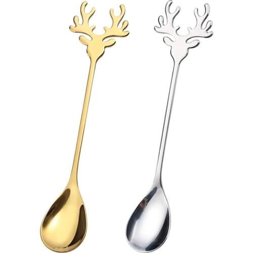Gold/Silver Christmas Elk Coffee Spoon For Kitchen Tableware Creative Stainless Steel Antlers Spoon Tea Dessert Ice Cream Spoon