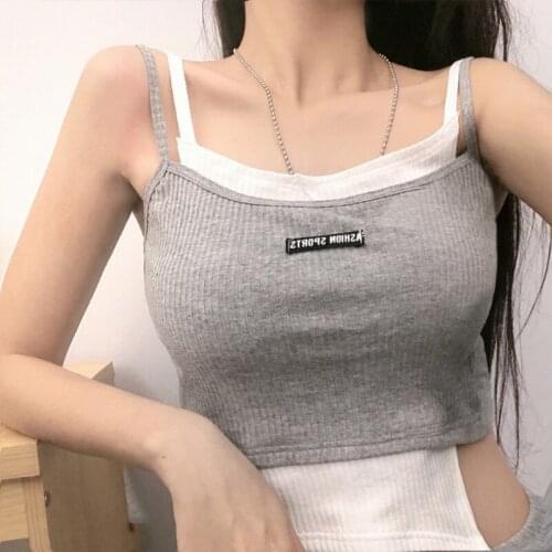 2021 Women Contrast Color Fake 2pcs Camisole Letters Label Ribbed Spaghetti Strap Slim Crop Top Harajuku Casual Bustier Vest
