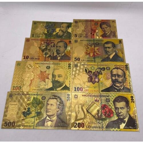 8 pcs/ set 1-500 Lei souvenir Romanian Gold Color Banknote With Plastic Case For Nice Gift Dropshipping