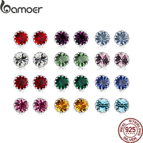 BAMOER Birth Stone AAA Cubic Zircon Stud Earring 925 Sterling Silver Birthstone Ear Stud April Gifts Silver Jewelry SCE862