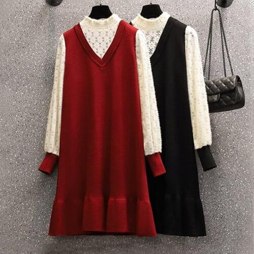 EHQAXIN 2021 Fall Winter Womens Sweater Dresses French Plus Size Loose Ruffled Lace Hollow Splicing Knit Thicken Dress L-4XL