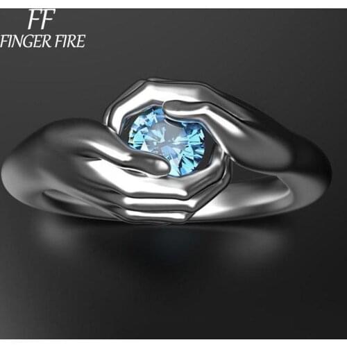 Fashion 925 Silver Hands Embracing Blue Gem Lady Engagement Ring Size 6-10