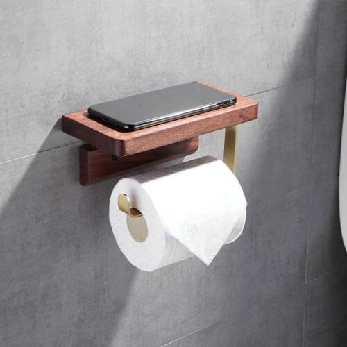 1Pc Wall-mounted Wooden Toilet Roll Paper Holder Bathroom Kitchen Storage Rack with Phone Shelf Home Supplies