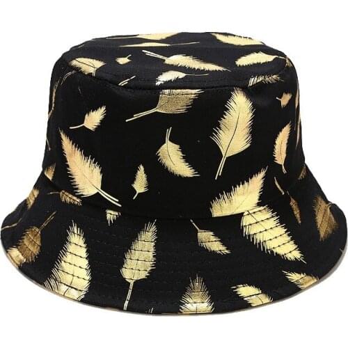New Unisex Cotton Gold Feather Print Panama Hat Cap Sunbonnet Fedoras Bucket Hat Summer Sun Hats for Women Men Gorros