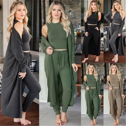 2021 Autumn Fashion New Long-Sleeved Cardigan Jacket Slim Temperament Vest + Casual Trousers Sports Three-Piece Suit Female 019