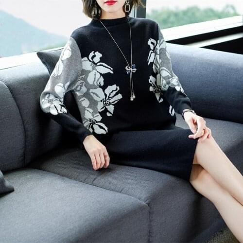 Plus Size Women Knitting Pullover Sweater Dress 2021 Autumn Winter New Casual Loose Flower Print Knitted Dresses Femme Vestidos