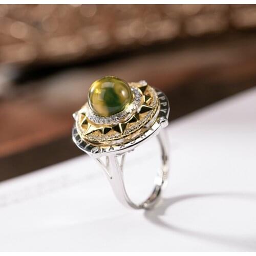 S925 Sterling Silver Gold-Plated Natural Mexican Blue Amber Light Luxury Temperament Sun Rotating Open Ring