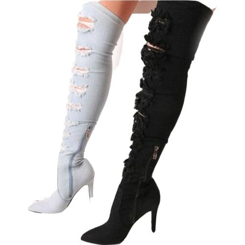 Newest Denim Over The Knee Boots Pointed Toe Zipper High Heel Boots Sexy Thigh high boots Woman Long Boots