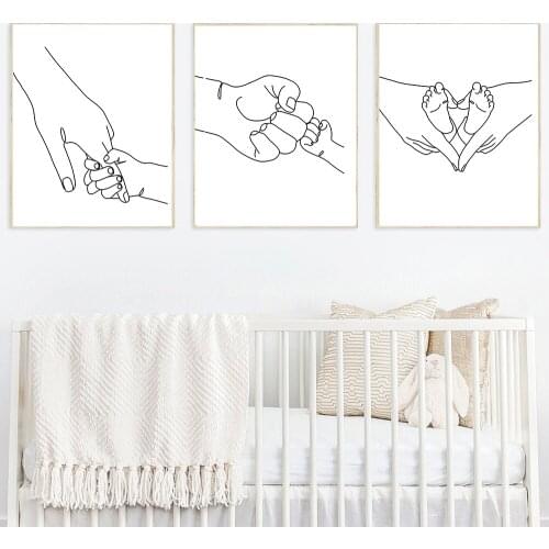 Family Mom Dad Hold Hand Baby Art Line Drawing Posters Abstract Minimalist Wall Canvas Print Painting Nursery Decorative Pictur