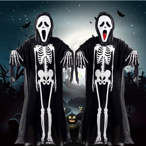 Scary Skull Ghost Mask Clothing Skeleton Print Halloween Costume For Women Men Adults Fancy Dressing Ball Performance Show