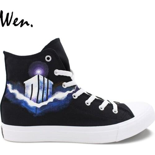 Wen Black Hand Painted Custom Shoes Design DW Police Box Canvas High Top Sneakers Men Womens Athletic Shoes Laced Plimsolls